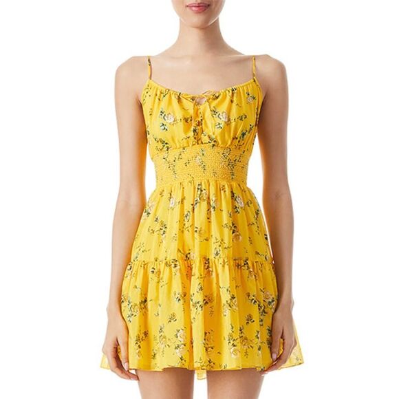 Alice + Olivia Lai Smocked Floral cotton Silk voile mini dress Yellow 8 - Picture 4 of 6